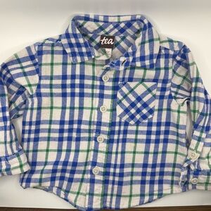 Tea Collection Plaid Flannel Button Up Shirt Baby Boy 6–9M Blue Green Cream